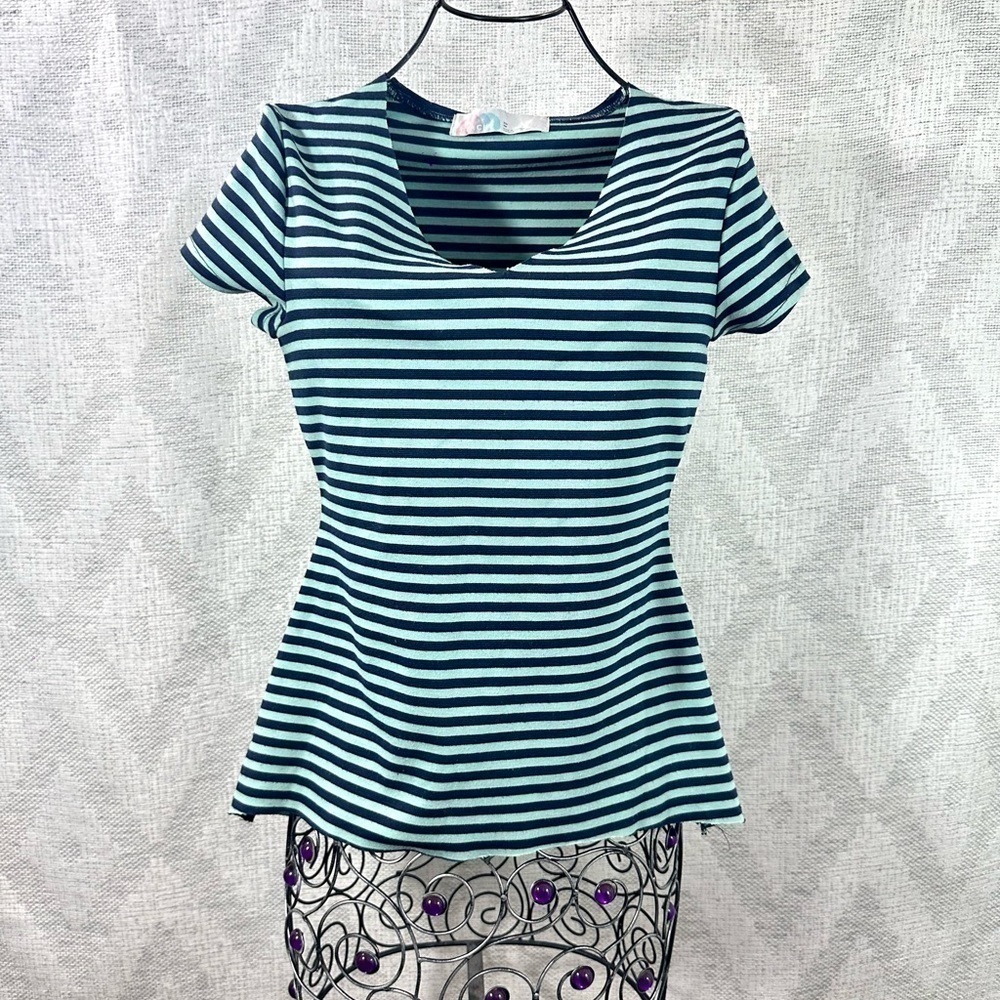 Free People Beach teal and navy striped v neck t shirt size XS